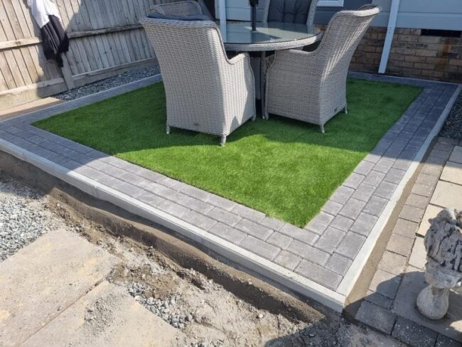 artificial grass with block paved border basildon essex 07
